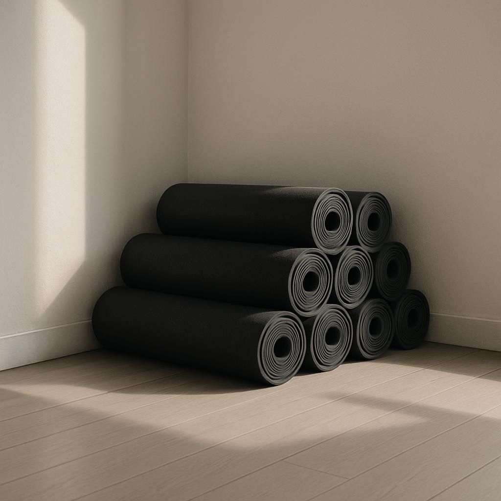 Several black yoga mats with rolled edges stacked against the corner of a room's white walls. The mats appear to be stacke...